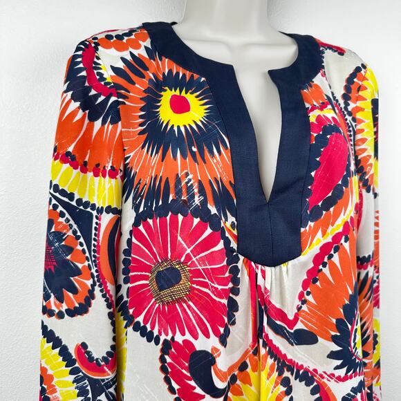 Trina Turk Tunic Blouse Top Silk Floral Bright Blue Orange Yellow Pink Med Boho - Picture 3 of 9